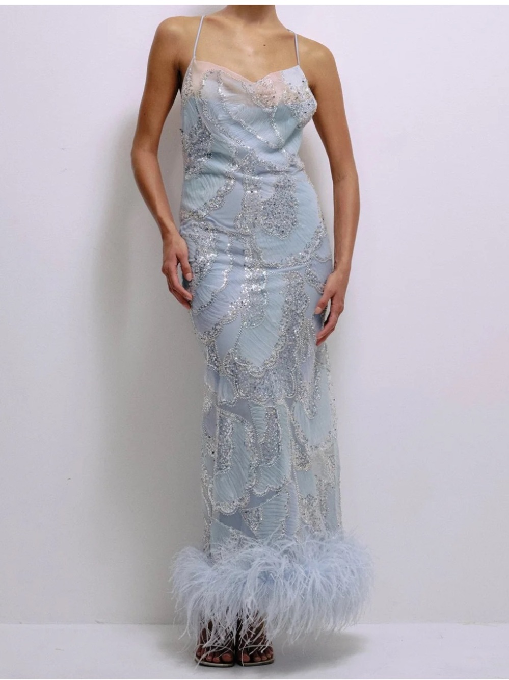Delfi Collective Shani Dress Embellished Light Blue Maxi Skirt with Feather Hem